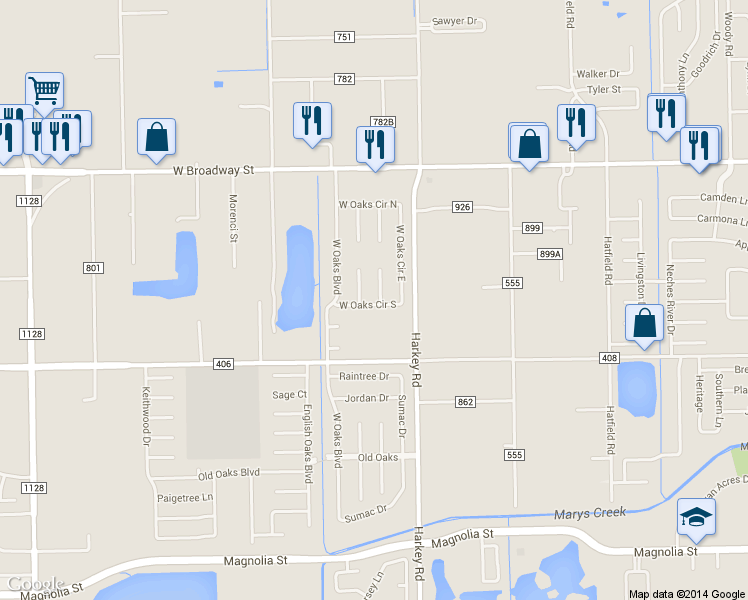 map of restaurants, bars, coffee shops, grocery stores, and more near 2820 Red Oak Lane in Pearland
