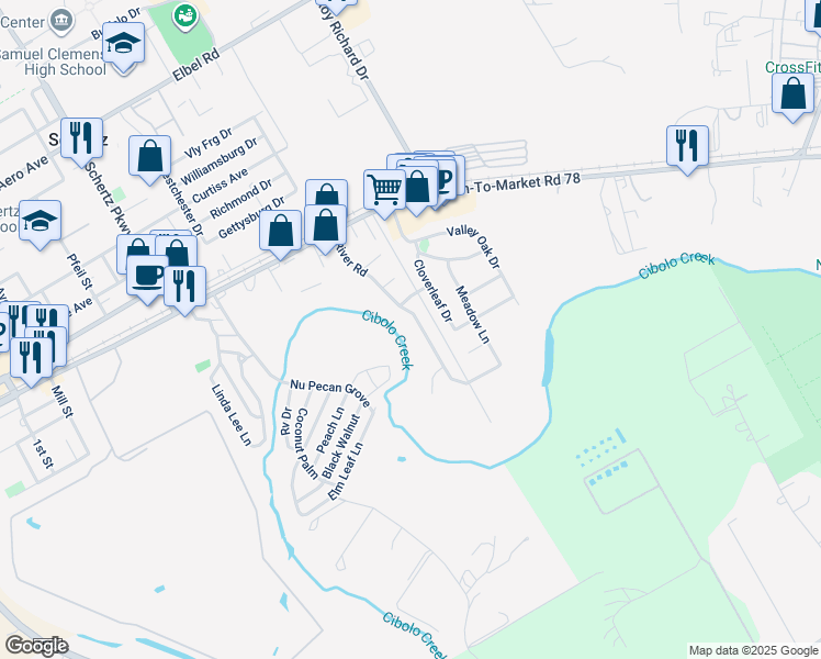 map of restaurants, bars, coffee shops, grocery stores, and more near 410 River Road in Schertz