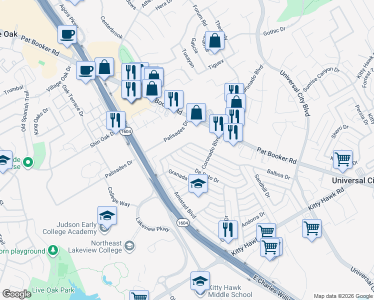 map of restaurants, bars, coffee shops, grocery stores, and more near 331 Madrid Drive in Universal City
