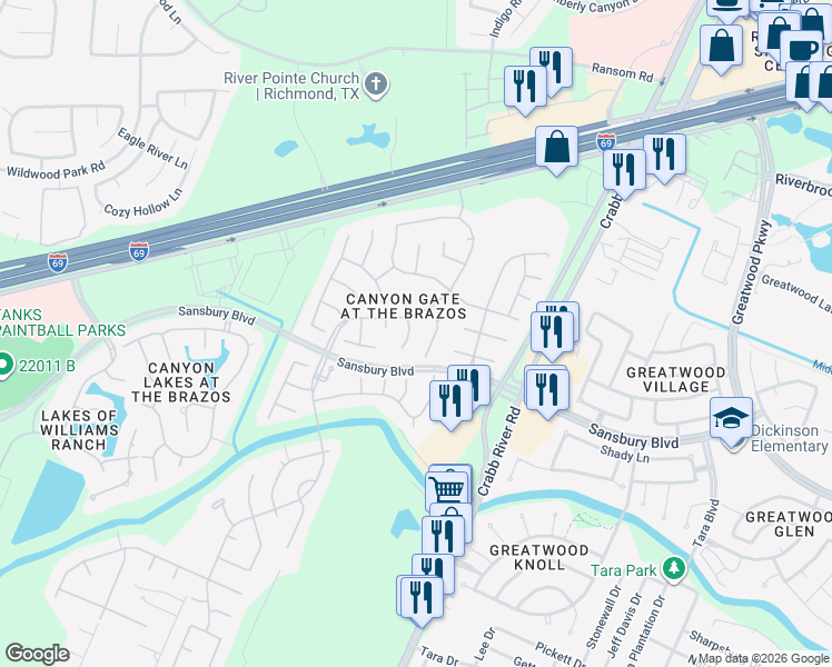 map of restaurants, bars, coffee shops, grocery stores, and more near 1323 Miners Bend Lane in Richmond