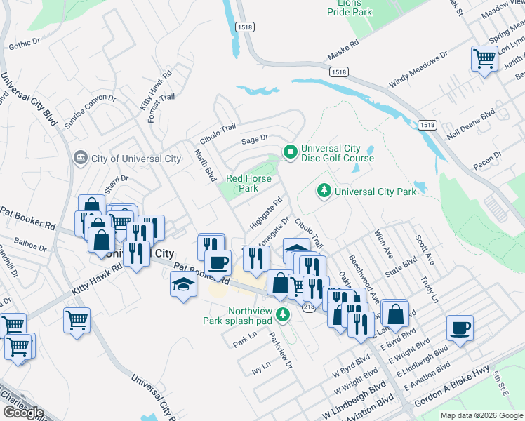 map of restaurants, bars, coffee shops, grocery stores, and more near 830 Highgate Road in Universal City