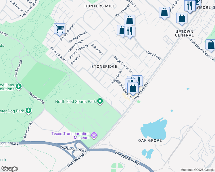 map of restaurants, bars, coffee shops, grocery stores, and more near 12107 Ridge Court Street in San Antonio
