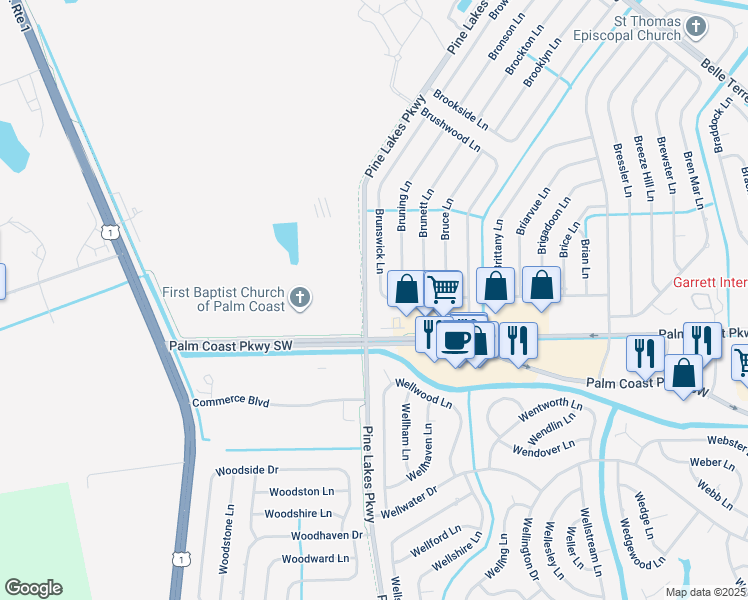 map of restaurants, bars, coffee shops, grocery stores, and more near 49 Brunswick Lane in Palm Coast