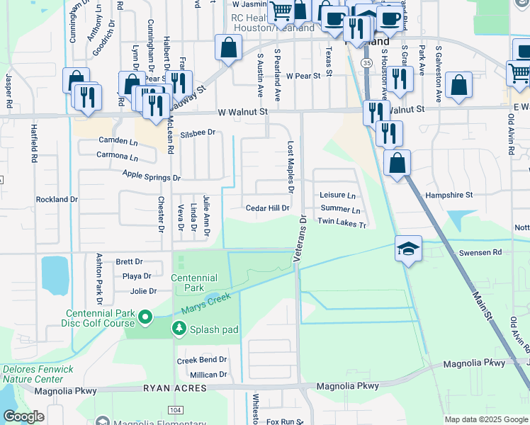 map of restaurants, bars, coffee shops, grocery stores, and more near 4610 Cedar Hill Drive in Pearland