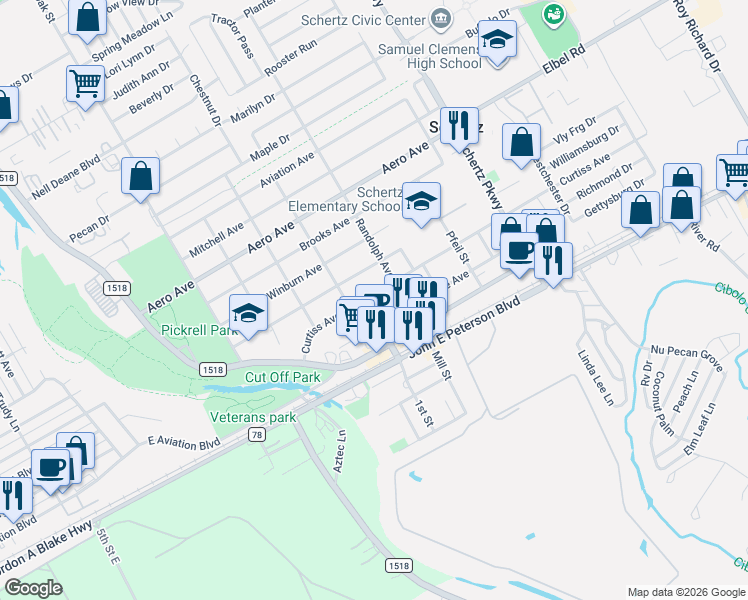 map of restaurants, bars, coffee shops, grocery stores, and more near 512 Curtiss Avenue in Schertz