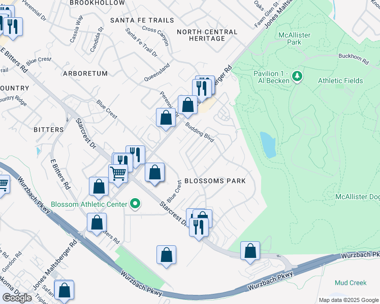 map of restaurants, bars, coffee shops, grocery stores, and more near 12106 Magnolia Blossom in San Antonio