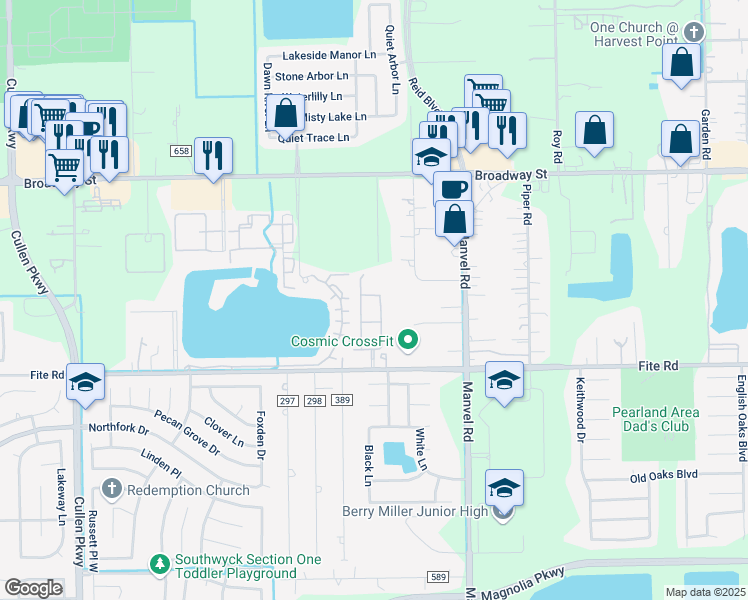 map of restaurants, bars, coffee shops, grocery stores, and more near 2982 Dantin Street in Pearland