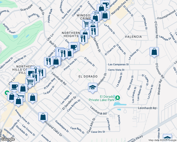 map of restaurants, bars, coffee shops, grocery stores, and more near 12611 El Palacio Street in San Antonio