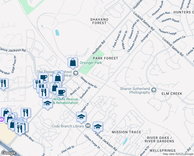 map of restaurants, bars, coffee shops, grocery stores, and more near 46 Orsinger Hill in San Antonio