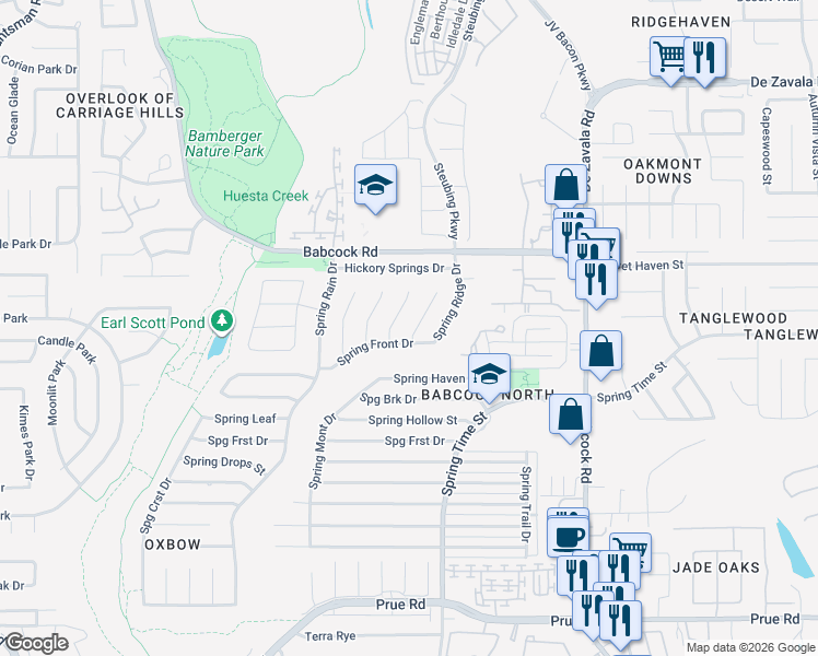 map of restaurants, bars, coffee shops, grocery stores, and more near 11715 Spring Song Drive in San Antonio