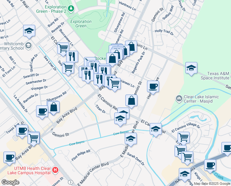 map of restaurants, bars, coffee shops, grocery stores, and more near 16801 El Camino Real in Houston