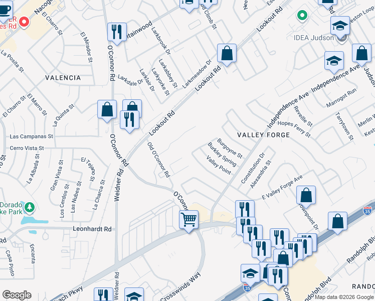 map of restaurants, bars, coffee shops, grocery stores, and more near 12503 Mount Defiance Street in San Antonio