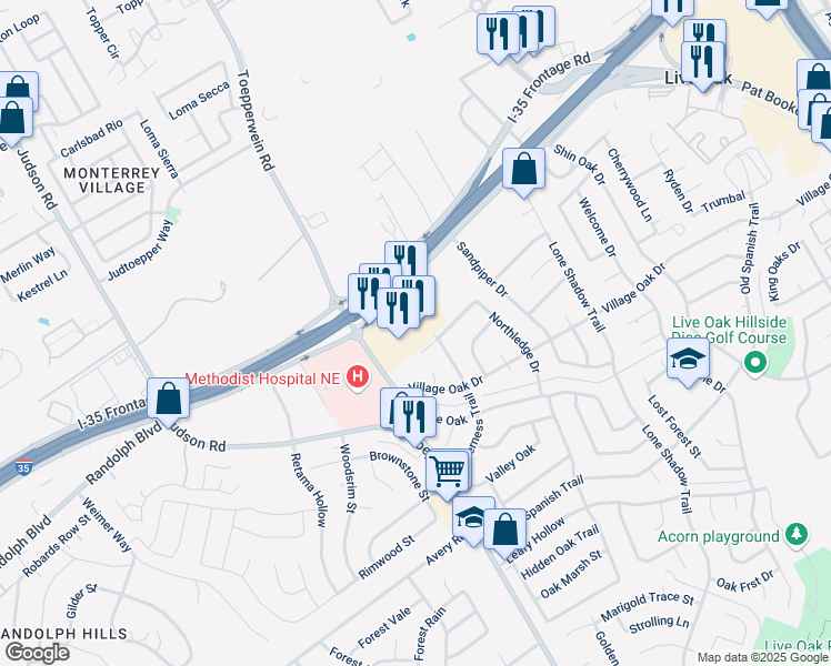 map of restaurants, bars, coffee shops, grocery stores, and more near 12702 Toepperwein Road in Live Oak