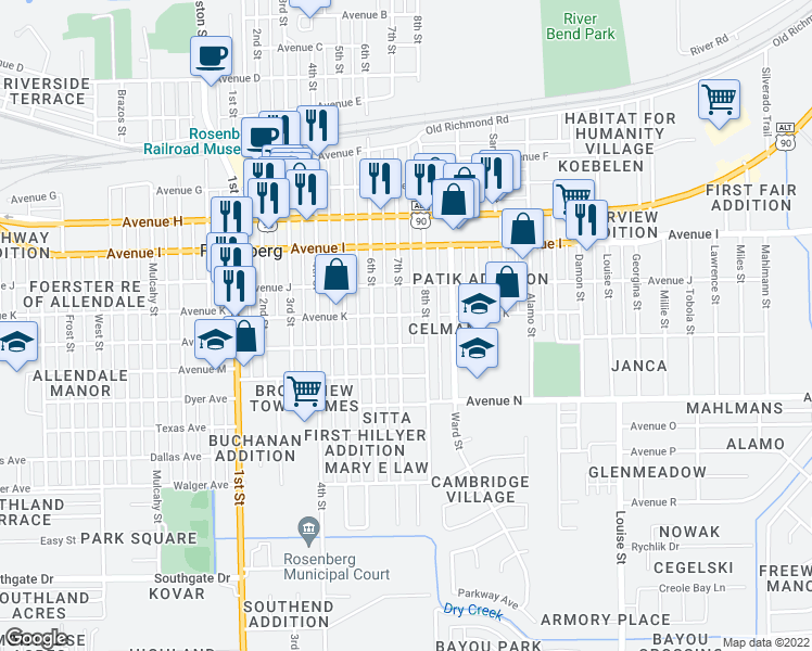 map of restaurants, bars, coffee shops, grocery stores, and more near 1305 7th Street in Rosenberg