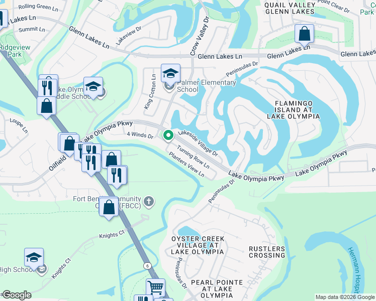 map of restaurants, bars, coffee shops, grocery stores, and more near 2714 Turning Row Lane in Missouri City