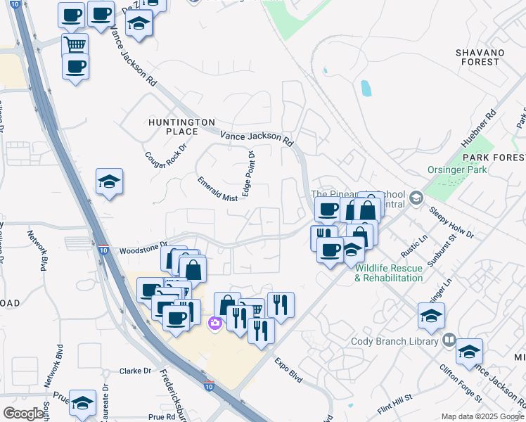 map of restaurants, bars, coffee shops, grocery stores, and more near 1323 Woodstone Drive in San Antonio