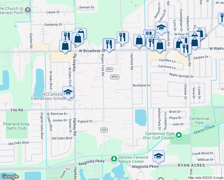 map of restaurants, bars, coffee shops, grocery stores, and more near 2922 Hatfield Road in Pearland