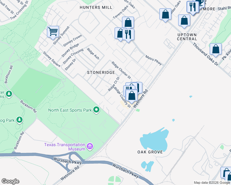 map of restaurants, bars, coffee shops, grocery stores, and more near 3614 Ridge Country Street in San Antonio