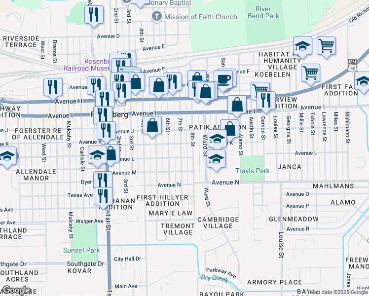 map of restaurants, bars, coffee shops, grocery stores, and more near 1305 7th Street in Rosenberg