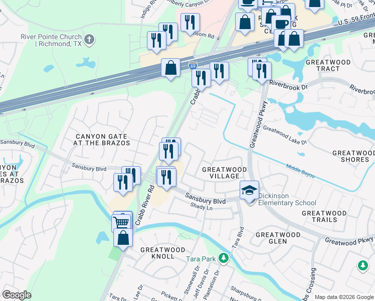 map of restaurants, bars, coffee shops, grocery stores, and more near 6607 Berrytree Lane in Sugar Land