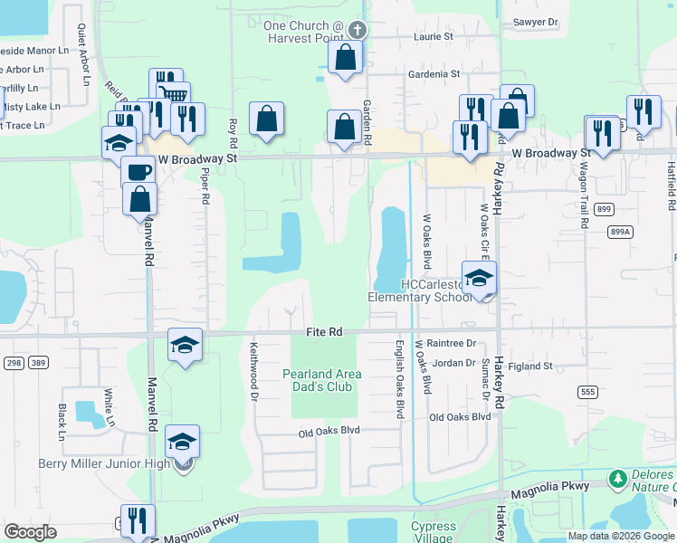 map of restaurants, bars, coffee shops, grocery stores, and more near 6611 Fite Road in Pearland