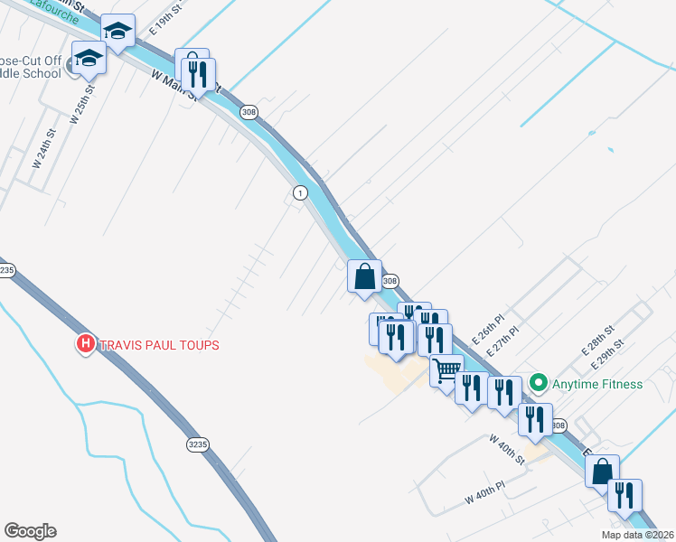 map of restaurants, bars, coffee shops, grocery stores, and more near 100-198 West 35th Street in Larose