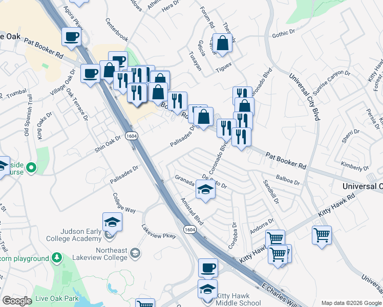 map of restaurants, bars, coffee shops, grocery stores, and more near 331 Madrid Drive in Universal City