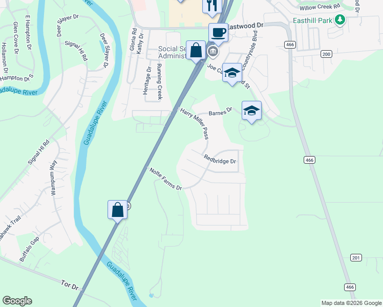 map of restaurants, bars, coffee shops, grocery stores, and more near 1409 Redbridge Drive in Seguin