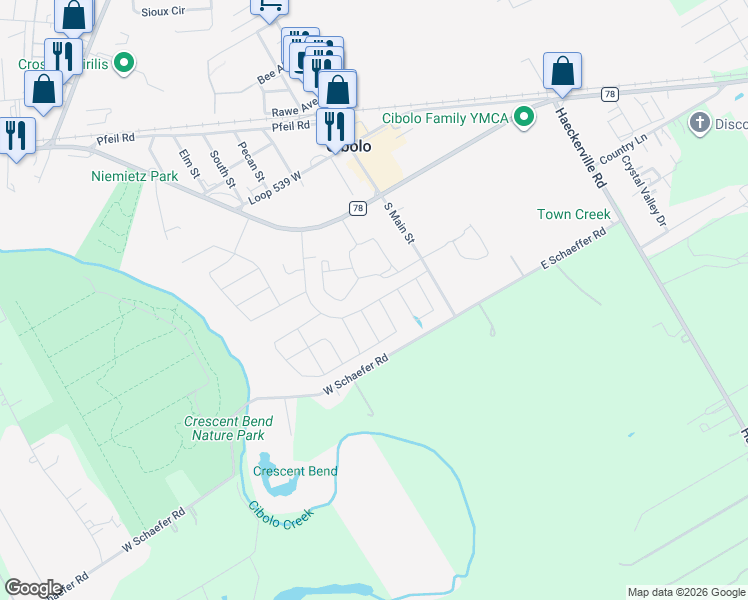 map of restaurants, bars, coffee shops, grocery stores, and more near 304 South Main Street in Cibolo