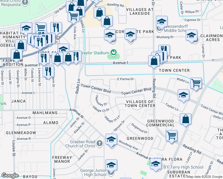 map of restaurants, bars, coffee shops, grocery stores, and more near 1215 Hannover Boulevard in Rosenberg