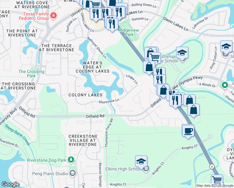 map of restaurants, bars, coffee shops, grocery stores, and more near 6811 Sable River Court in Missouri City