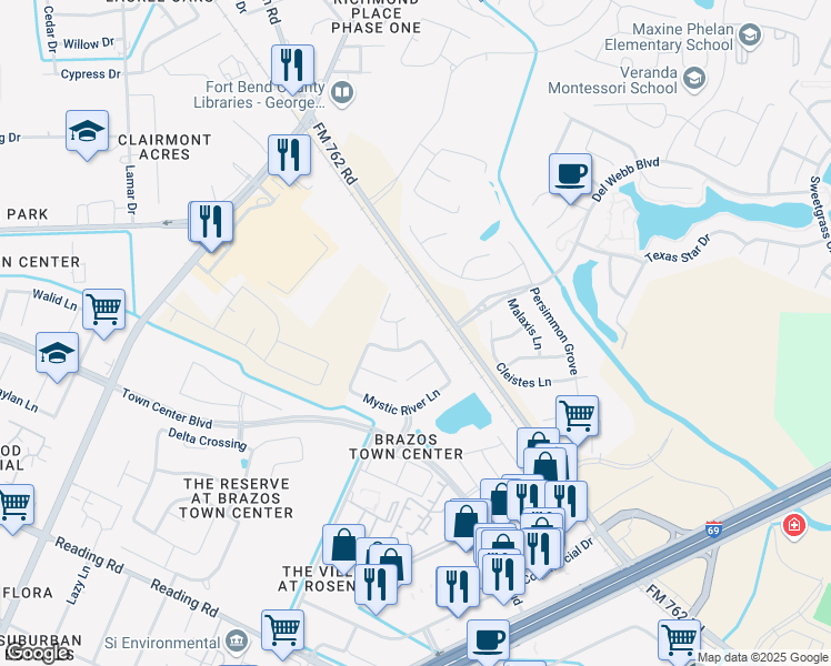 map of restaurants, bars, coffee shops, grocery stores, and more near 1202 Watercrest Park Lane in Rosenberg