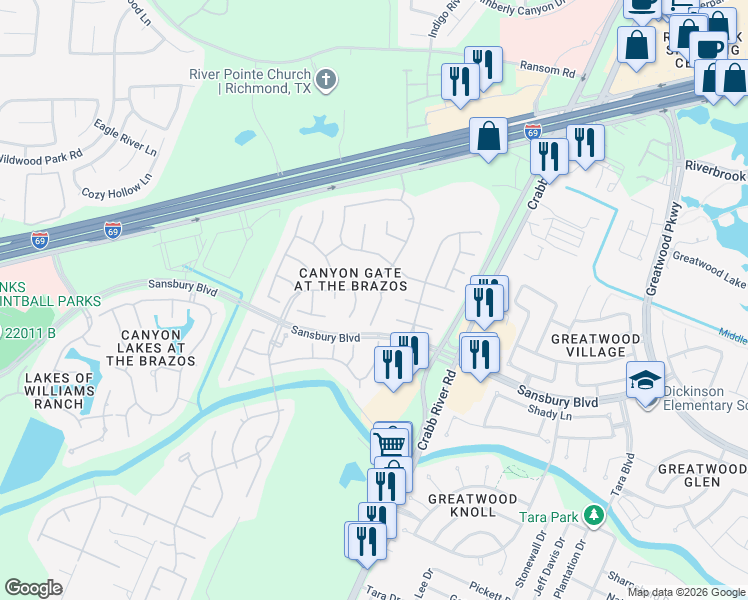 map of restaurants, bars, coffee shops, grocery stores, and more near 1323 Miners Bend Lane in Richmond