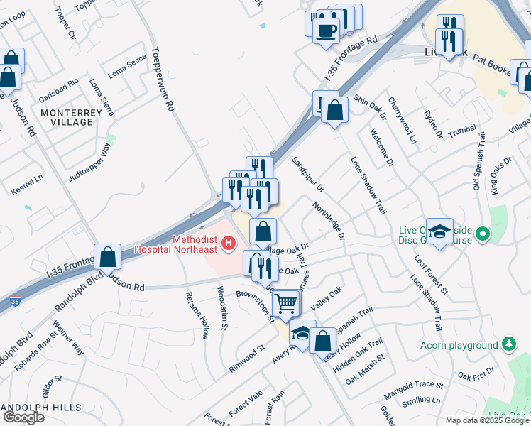 map of restaurants, bars, coffee shops, grocery stores, and more near 12702 Toepperwein Road in Live Oak