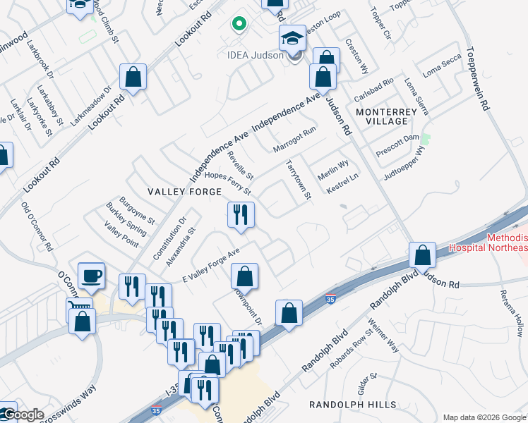map of restaurants, bars, coffee shops, grocery stores, and more near 6143 Little Brandywine Creek in San Antonio
