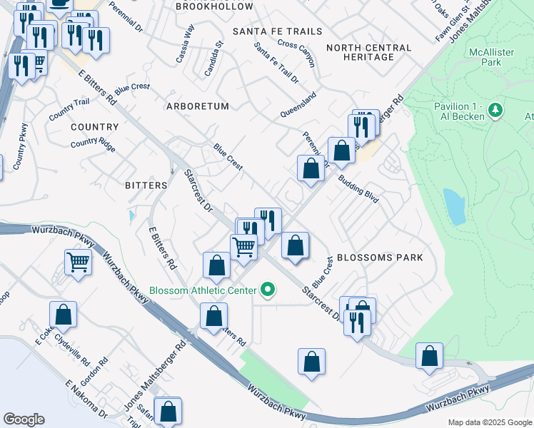 map of restaurants, bars, coffee shops, grocery stores, and more near 12315 Jones Maltsberger Road in San Antonio