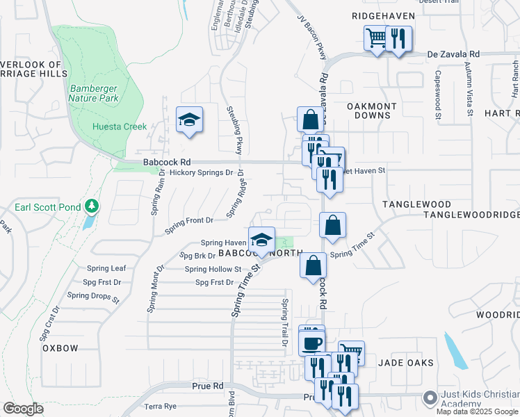 map of restaurants, bars, coffee shops, grocery stores, and more near 11800 Spring Shadow Street in San Antonio