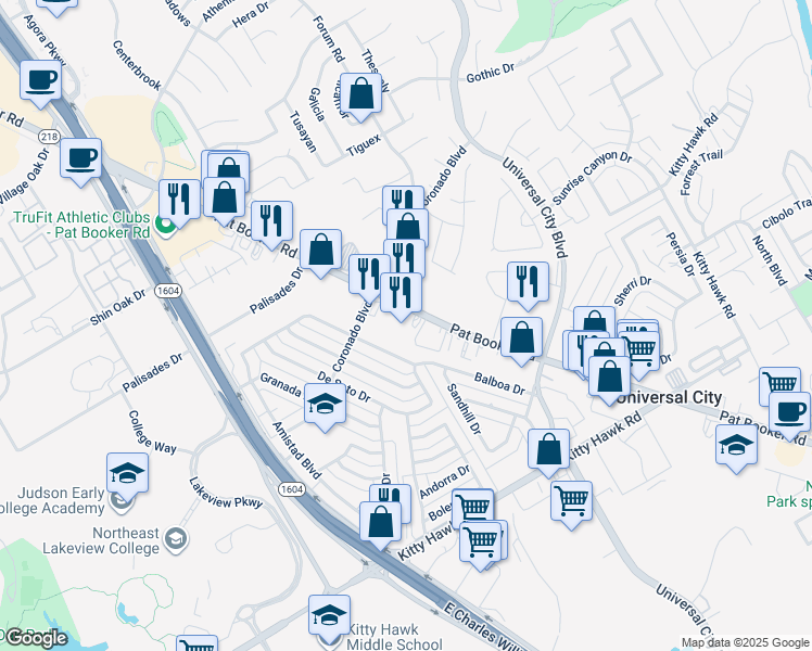 map of restaurants, bars, coffee shops, grocery stores, and more near 2301 Pat Booker Road in Universal City