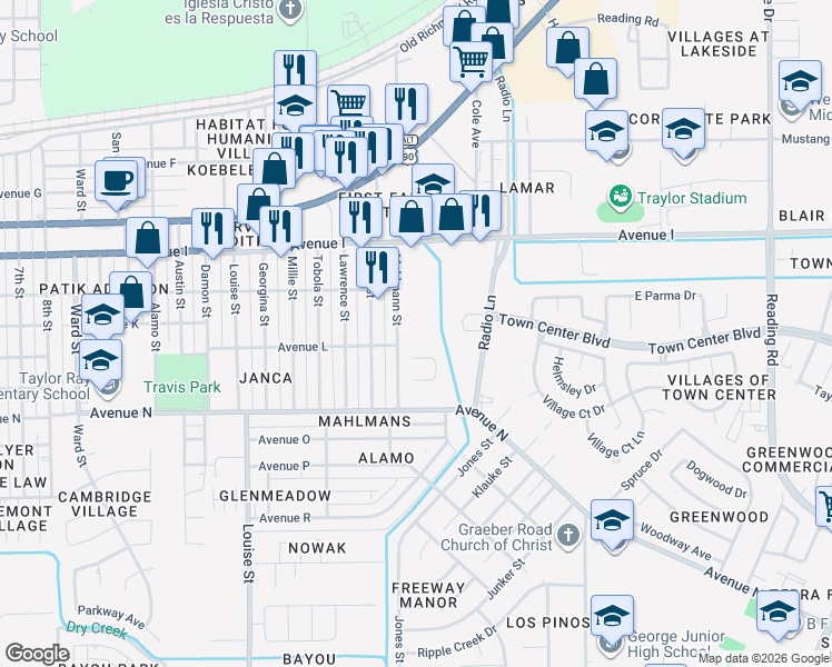 map of restaurants, bars, coffee shops, grocery stores, and more near 1317 Mahlmann Street in Rosenberg