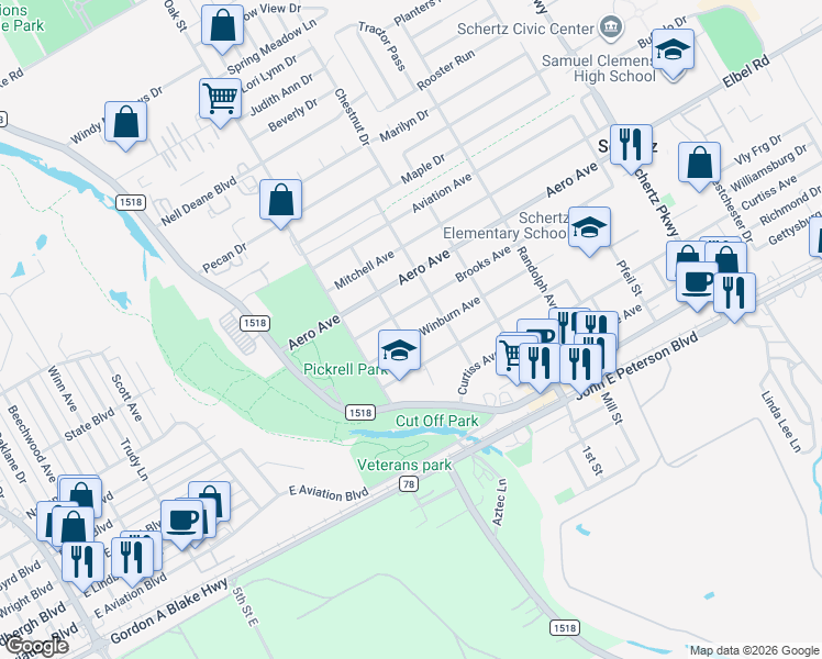 map of restaurants, bars, coffee shops, grocery stores, and more near 300 Winburn Avenue in Schertz