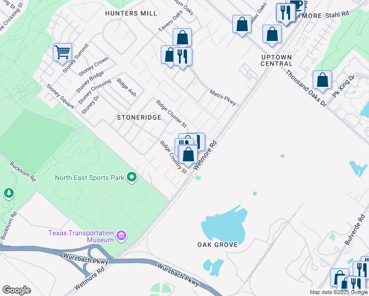 map of restaurants, bars, coffee shops, grocery stores, and more near 12215 Maverick Bluff Street in San Antonio