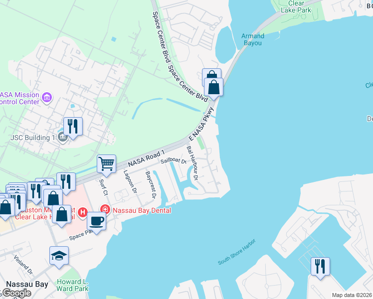 map of restaurants, bars, coffee shops, grocery stores, and more near 18033 Starboard Drive in Houston