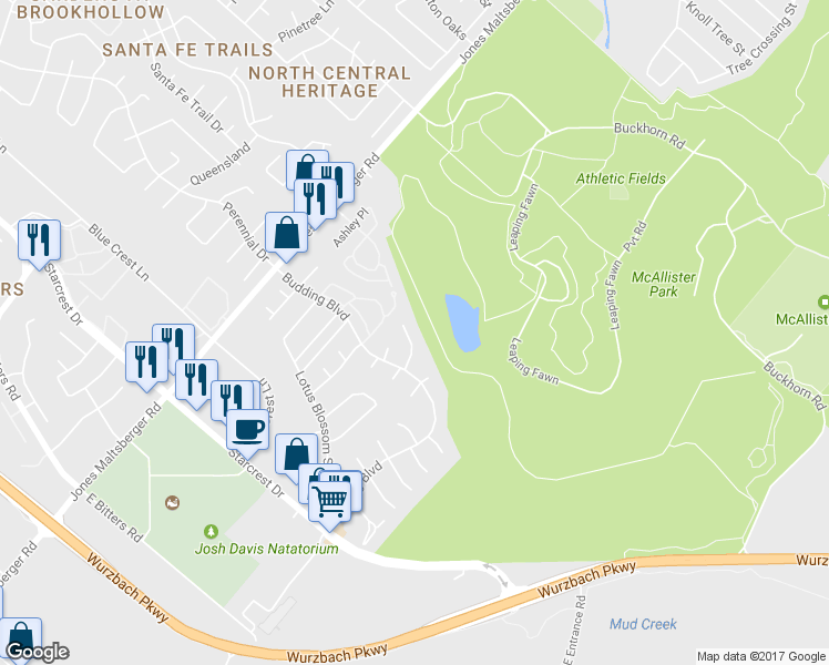 map of restaurants, bars, coffee shops, grocery stores, and more near 12322 Almendra Drive in San Antonio
