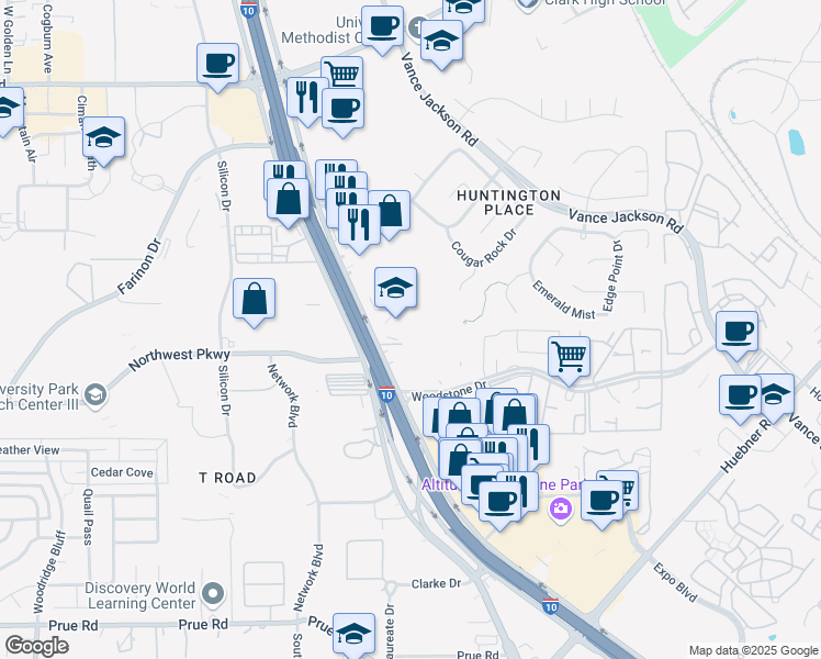 map of restaurants, bars, coffee shops, grocery stores, and more near 11937 Interstate 10 in San Antonio
