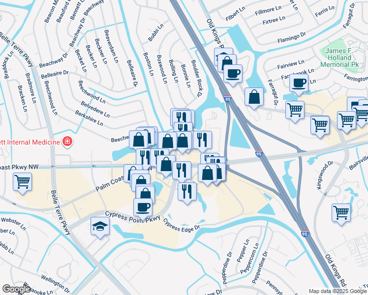 map of restaurants, bars, coffee shops, grocery stores, and more near 50 Plaza Drive in Palm Coast