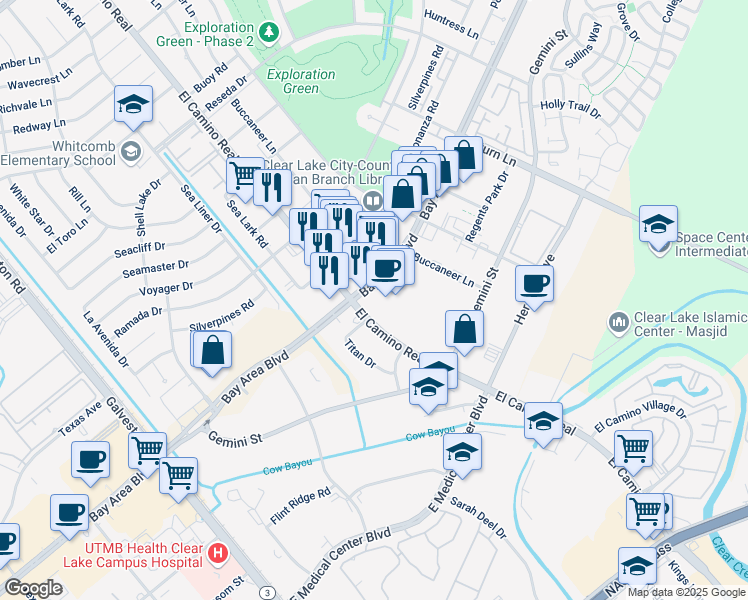 map of restaurants, bars, coffee shops, grocery stores, and more near 1006 Bay Area Boulevard in Houston