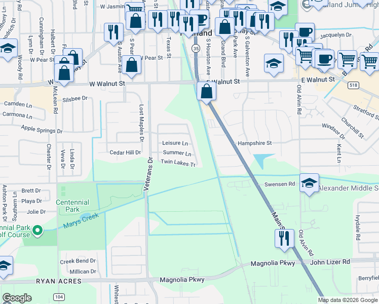 map of restaurants, bars, coffee shops, grocery stores, and more near 2817 Waterside Trail in Pearland