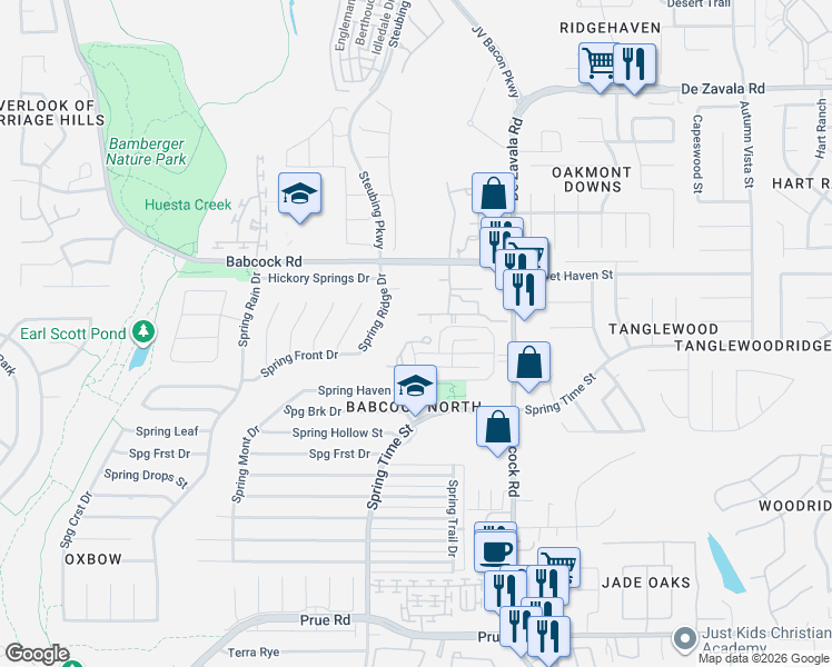 map of restaurants, bars, coffee shops, grocery stores, and more near 11800 Spring Shadow Street in San Antonio