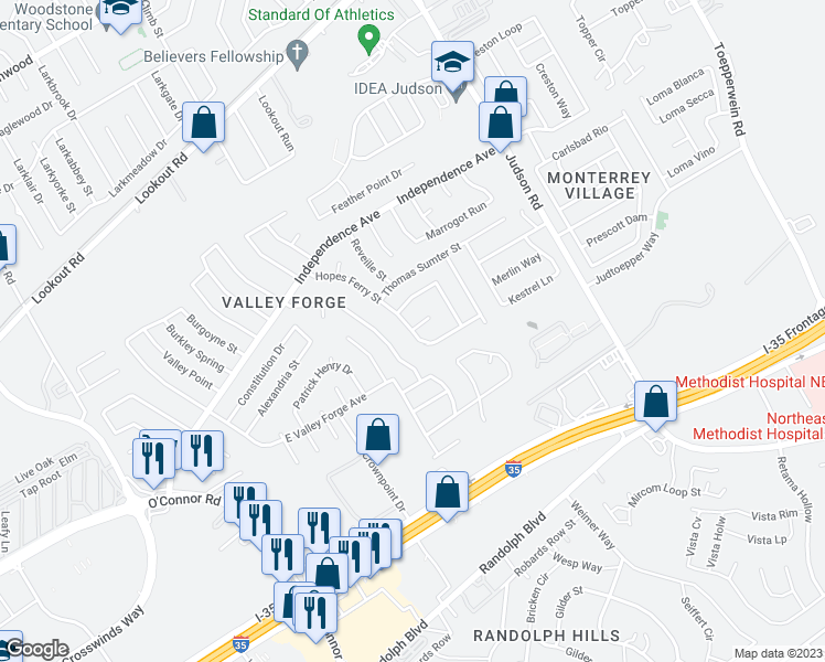 map of restaurants, bars, coffee shops, grocery stores, and more near 6219 Hopes Ferry Street in San Antonio