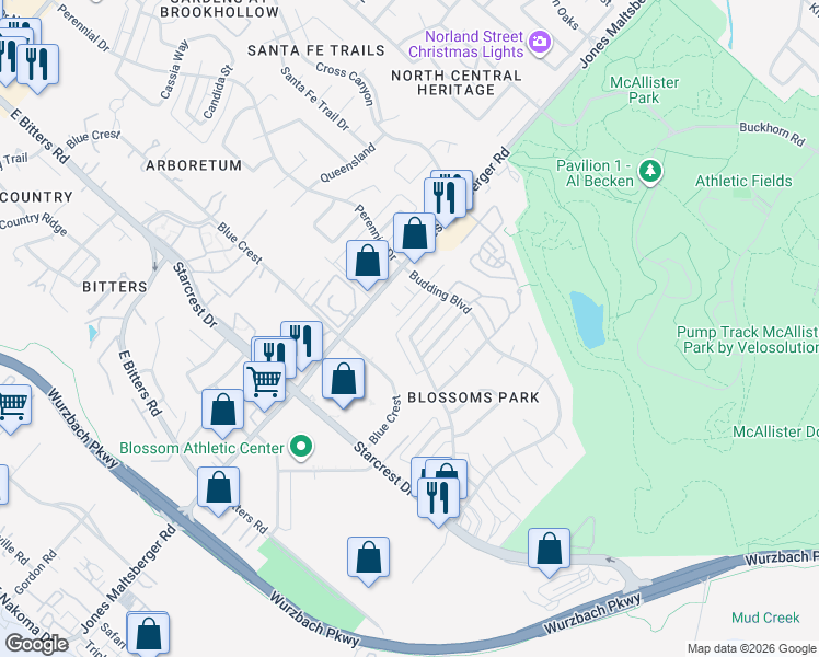 map of restaurants, bars, coffee shops, grocery stores, and more near 12106 Magnolia Blossom in San Antonio
